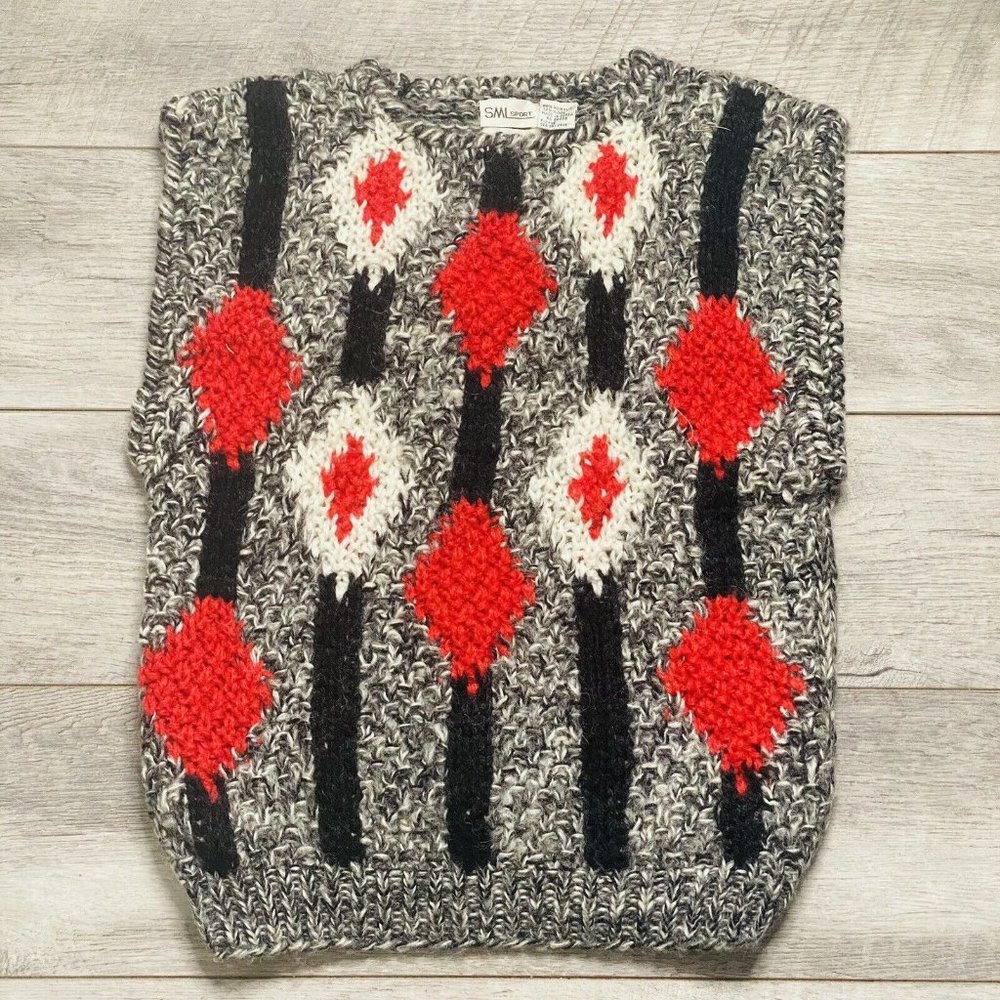 SML Sport Hand Knit Vest Womens Size M Acrylic Wool Vintage 80's Gray Red Vtg